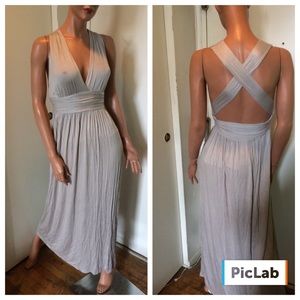 Grey sleeveless Medium Misope gown New Without Tags plunging neckline stretchy